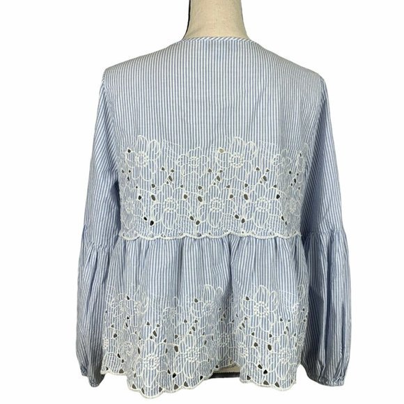 CeCe Cottage Core Crop Top Womens M Boho Puff Sleeve Striped Embroidery - Picture 5 of 10